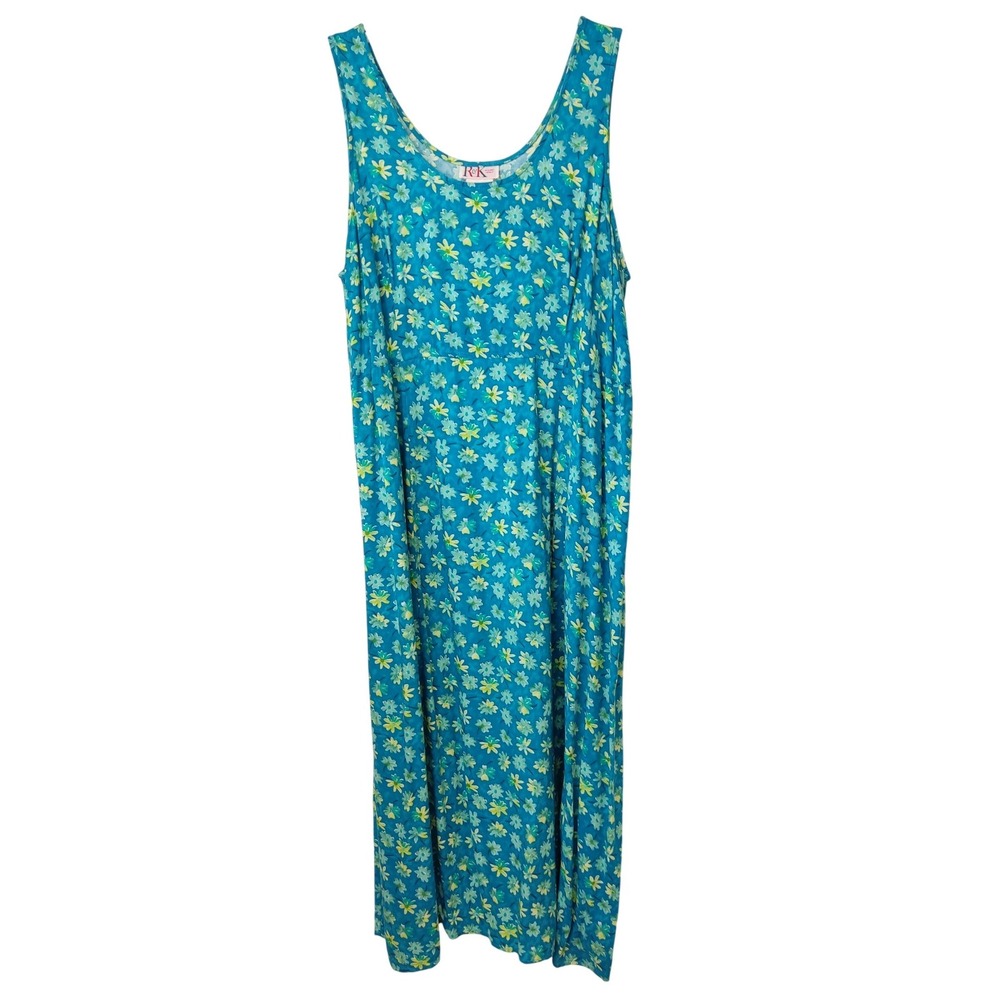R&K Maxi Dress Women 22 Blue Floral Original Woman Rayon Sleeveless Daisy Print